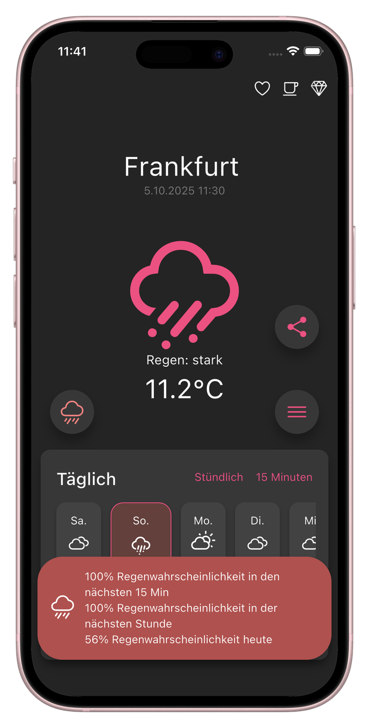 Hauptbildschirm der Wettervorhersage im Dunkelmodus