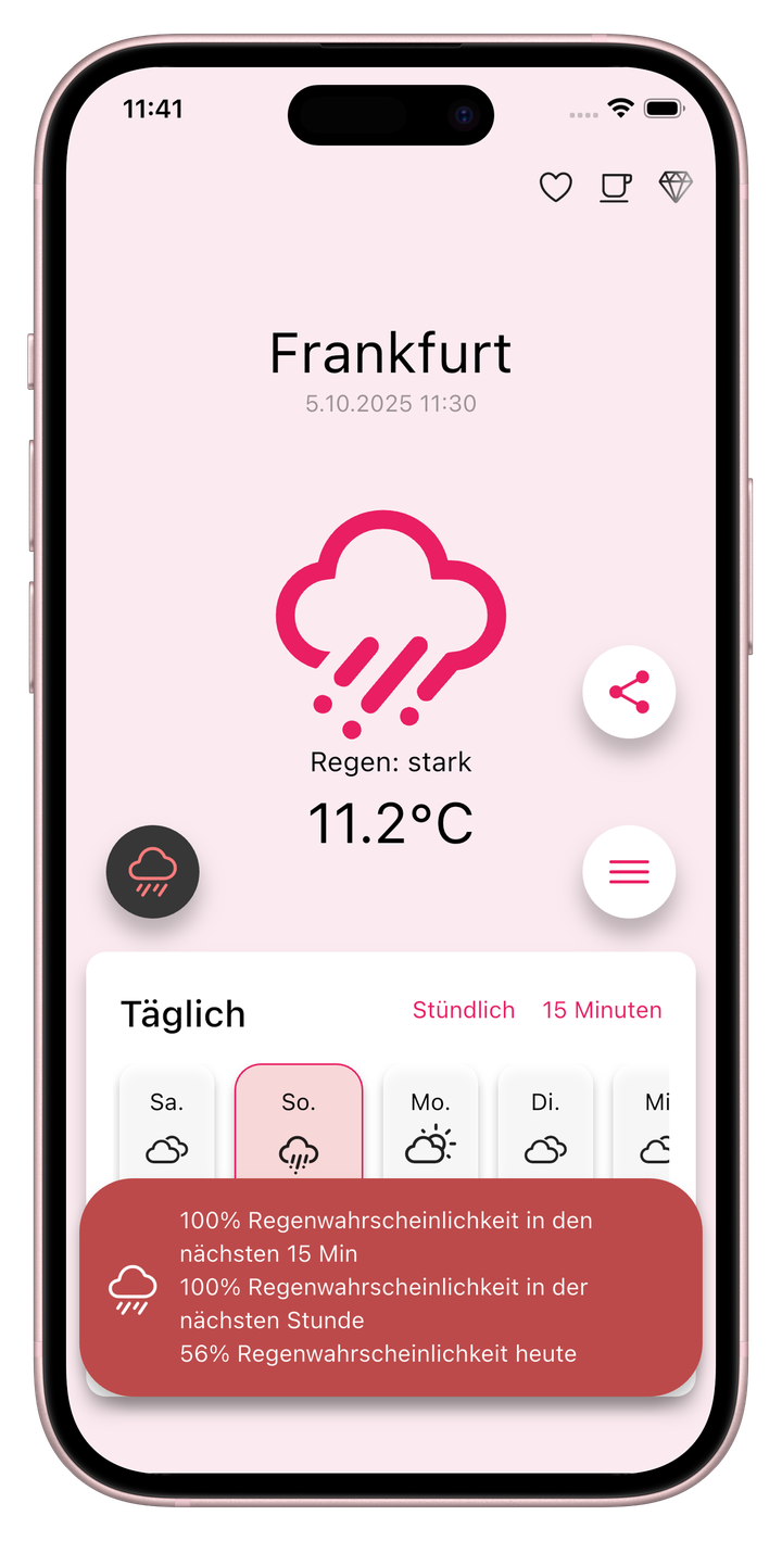 Hauptbildschirm der Wettervorhersage im Hellmodus