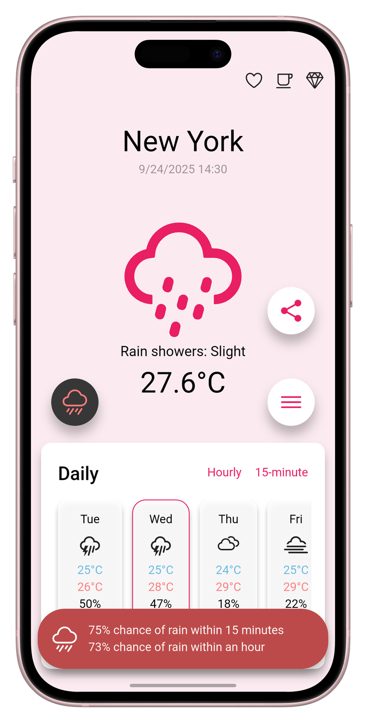 Main weather forecast screen in light mode