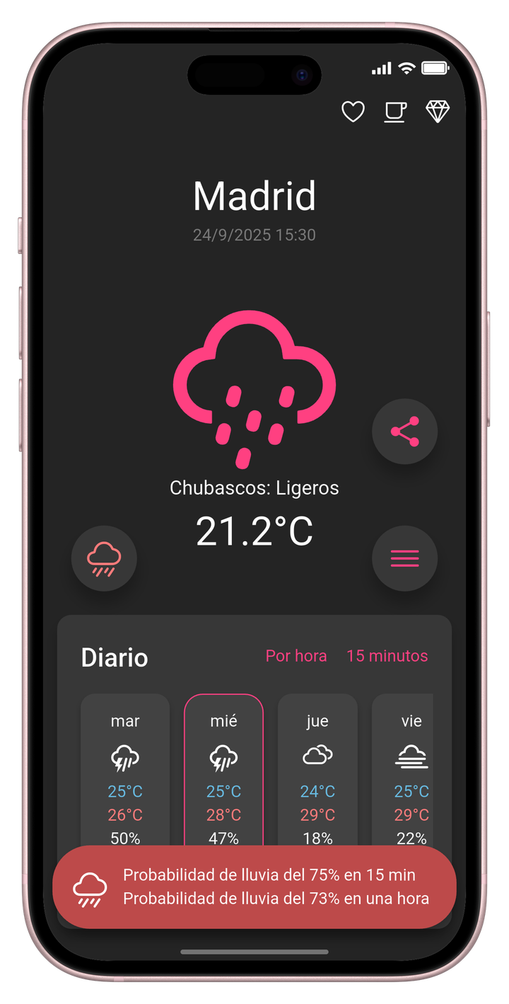 Pantalla principal del pronóstico del tiempo en modo oscuro