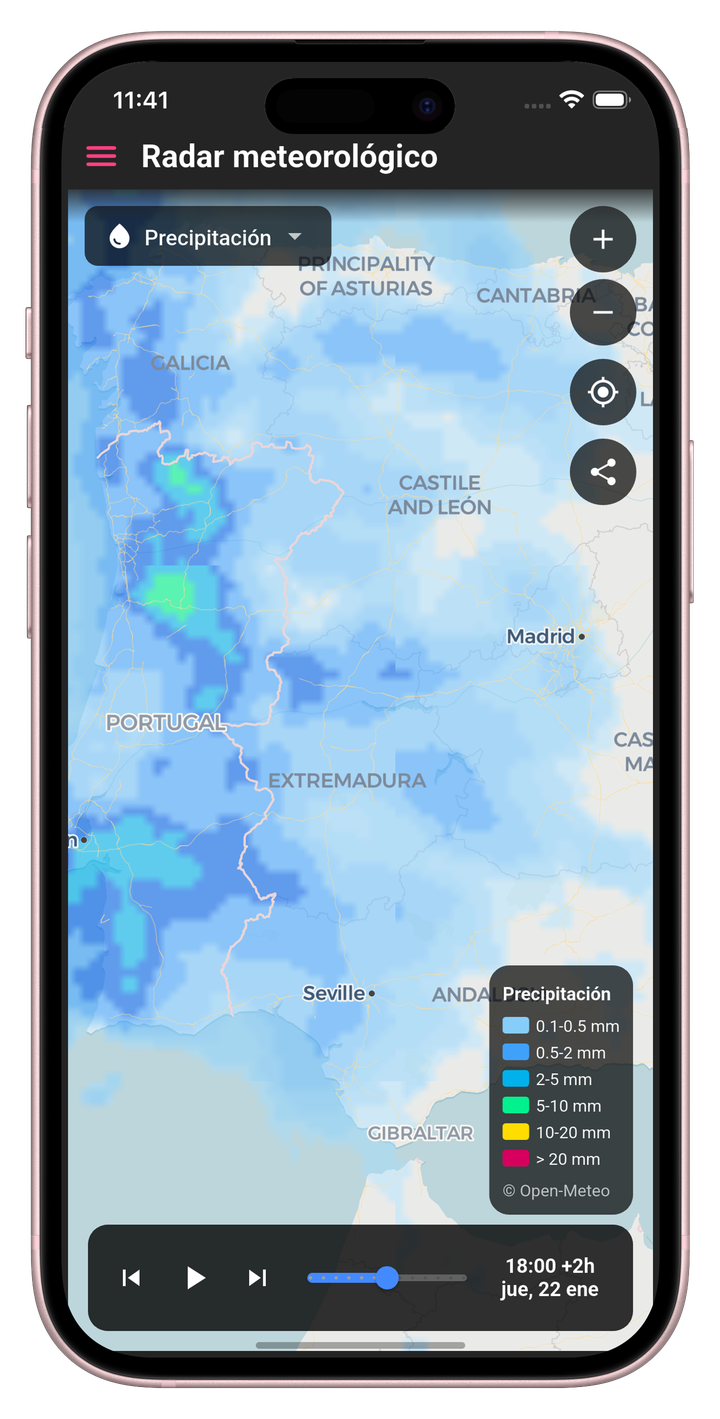 Vista del mapa de radar meteorológico