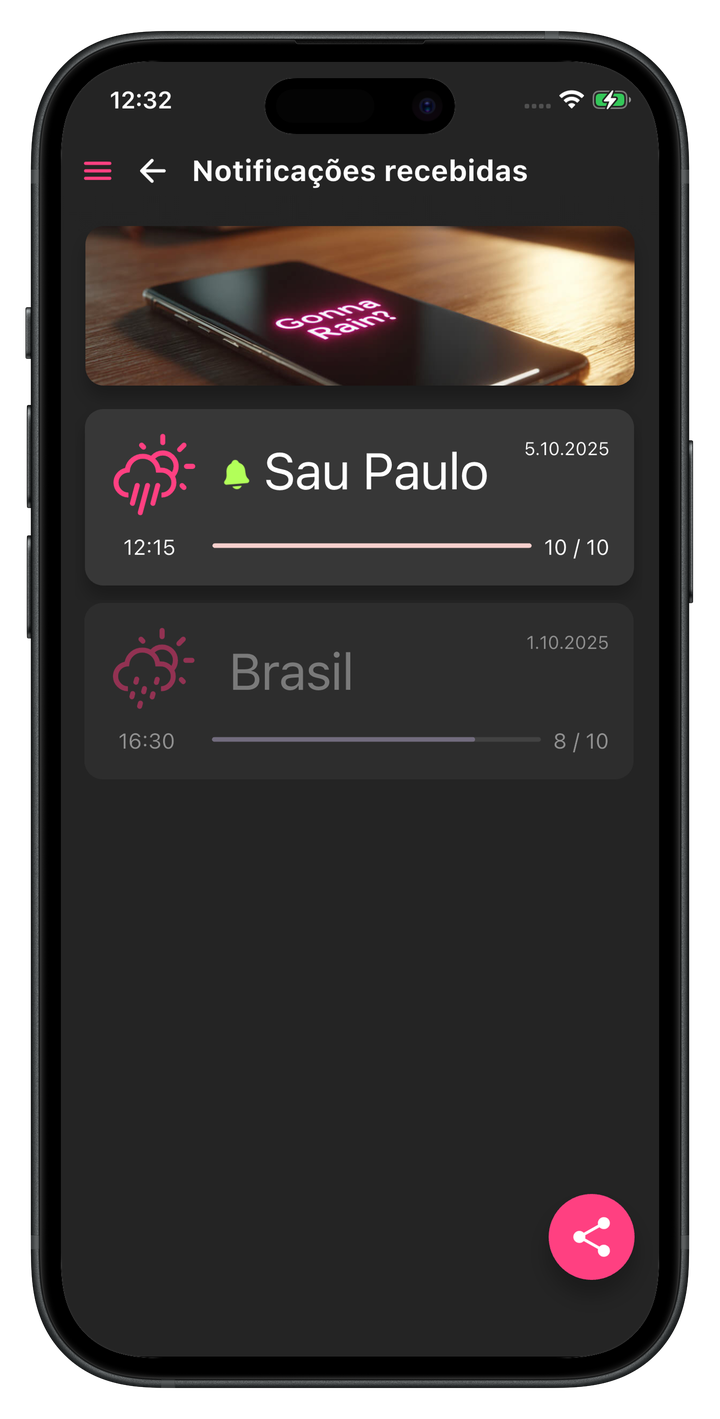 Tela de notificações de chuva